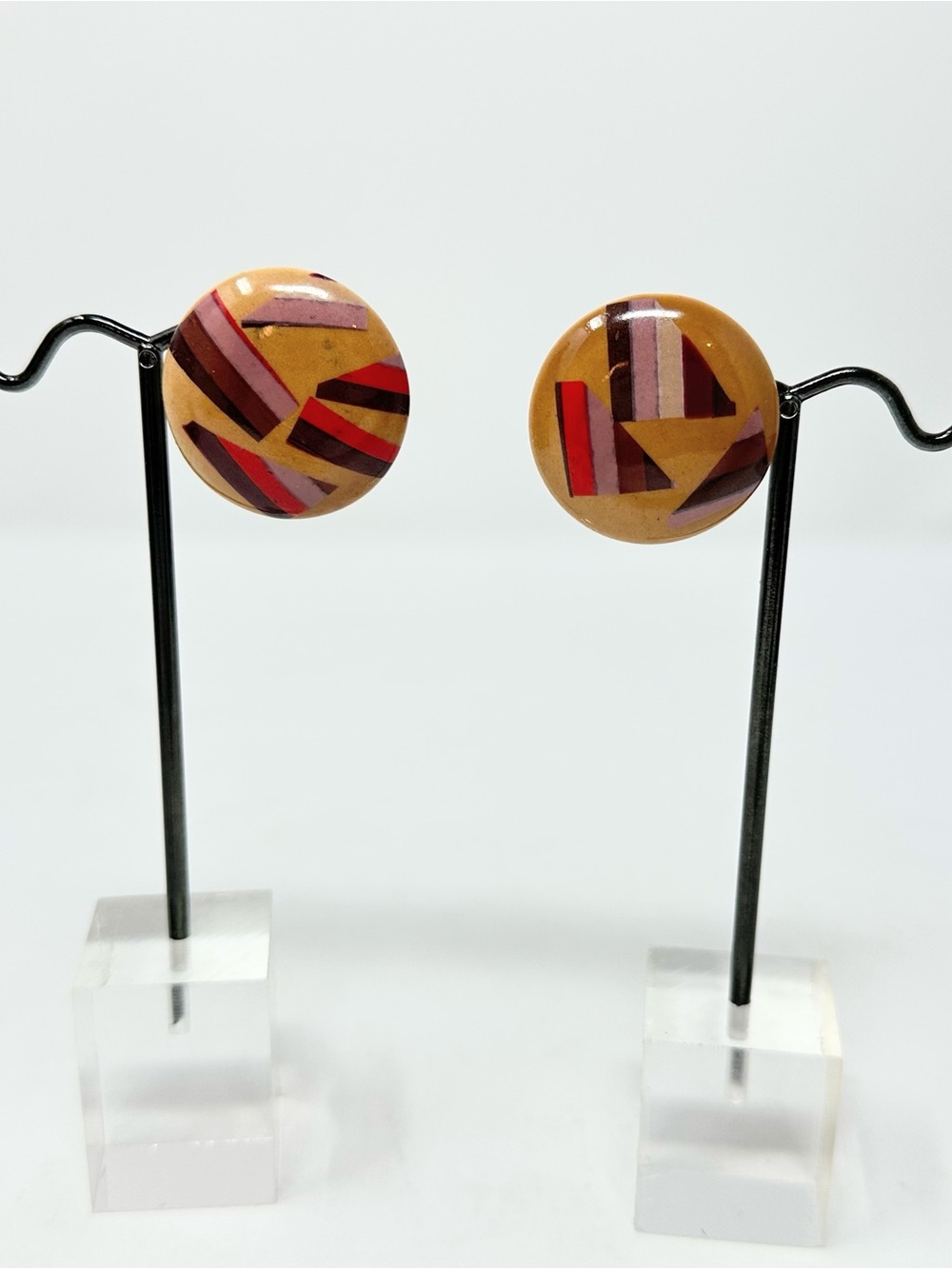 Vintage 80s Geometric Resin Button Earrings • Abstract Mod Statement Studs